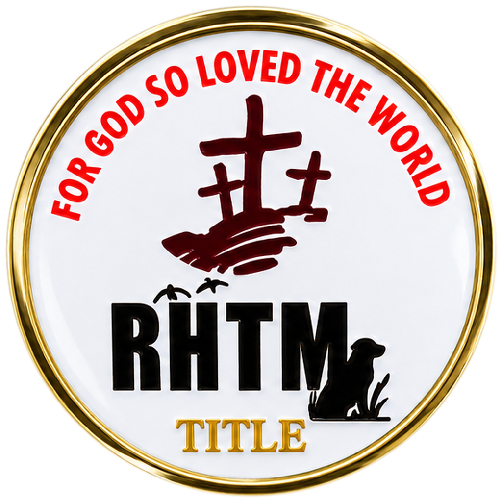 RHTM Gospel Pin: gold-rimmed enamel pin with three crosses, the RHTM retriever, and the words For God So Loved The World